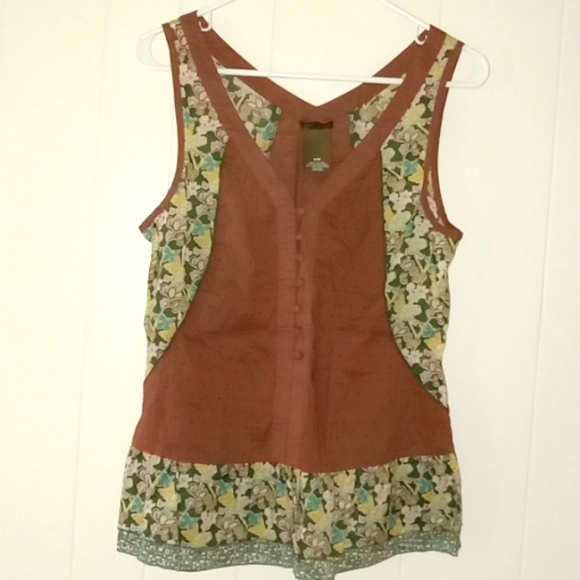 Fei Fairy Floral Tank Top Forest Green Brown Contrast Boho Anthropologie EUC Med - Picture 2 of 5